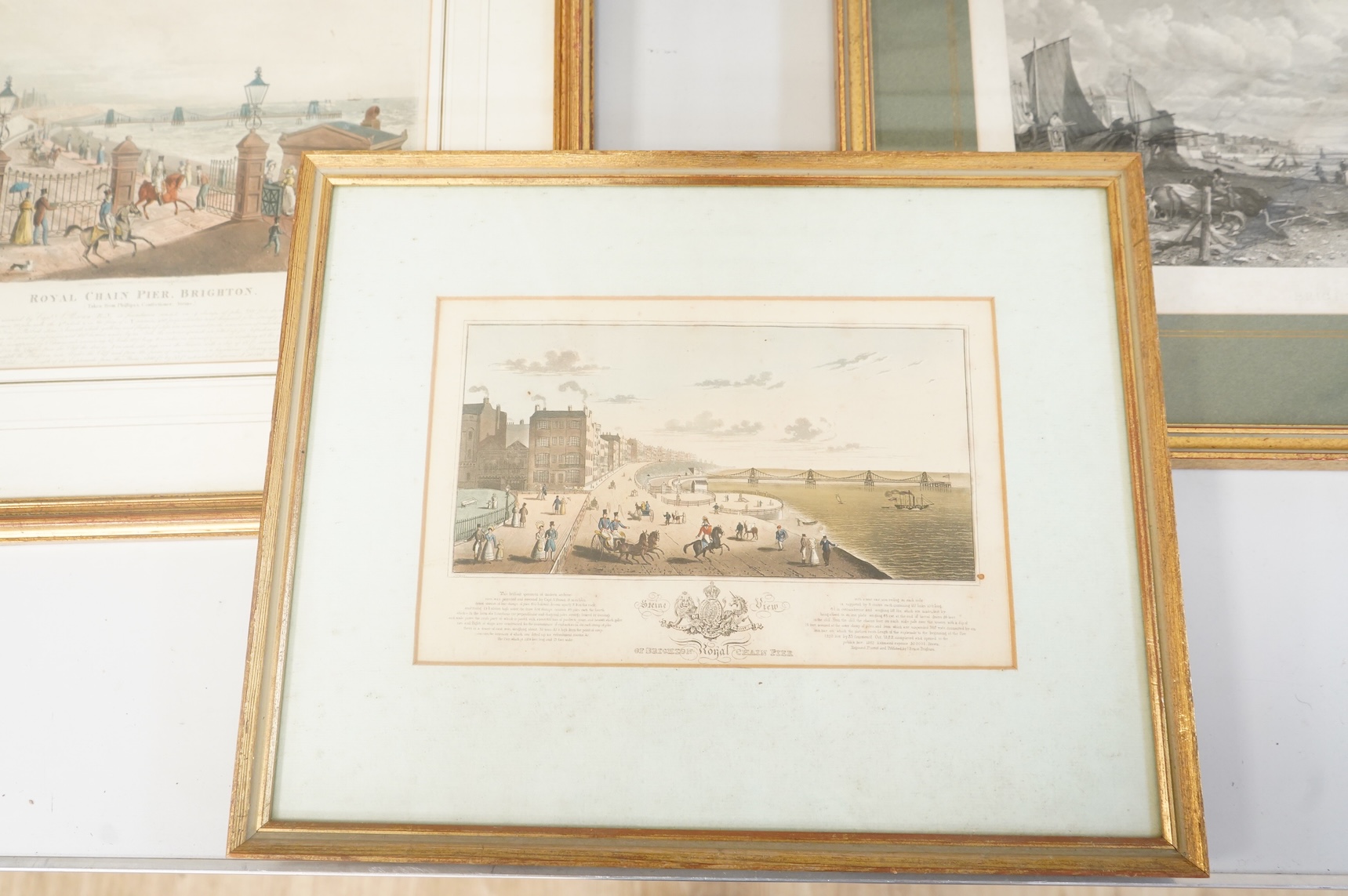 A collection of Brighton interest prints, 19th century and later relating to the Chain Pier, to include: After I. Bruce, The Entrance of The Chain Pier, engraving and one after John Constable, each framed, largest 28 x 3